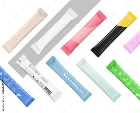 set  realistic packaging stick mockup flat lay view vector