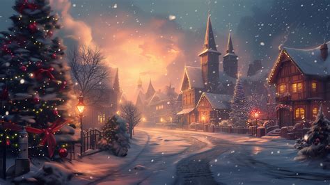 645a | Christmas, Tree, Village, Snow, Winter, 4K Wallpaper iPhone Phone