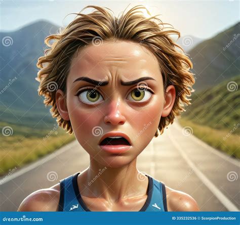 Animated Female Runner with Shocked Expression on Mountain Road Stock