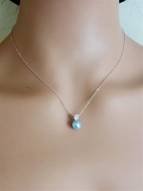 blue pearl bridal necklace light blue pearl silver minimalist etsy