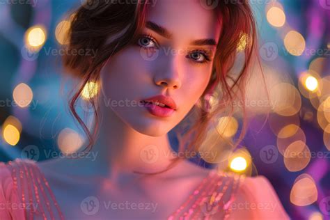 A young Caucasian woman with soft features and a dreamy expression