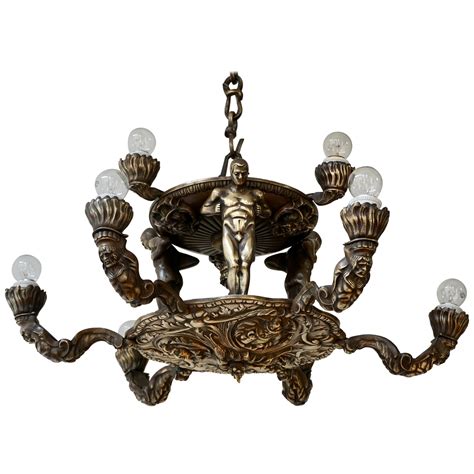 French Bronze Art Deco Hollywood Regency Chandelier Showing Male Nude