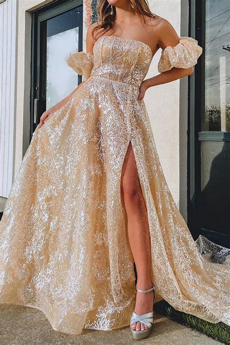 Champagne Strapless Lace Long Prom Dresses with High Slit, Long Champa ...