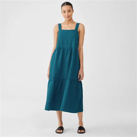 Washed Organic Linen Delave Tiered Dress | EILEEN FISHER