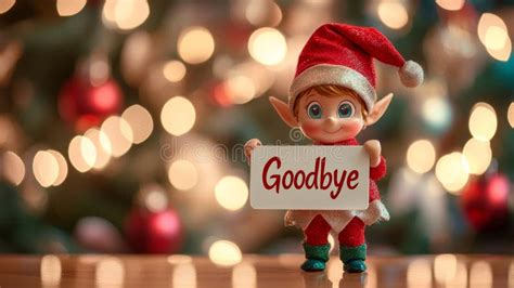 Christmas Elf Holding Goodbye Sign with Festive Bokeh Background ...