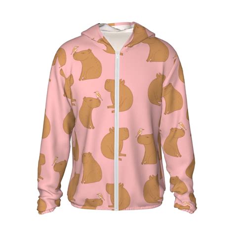 Sun Protection Hoodie Jacket, Bird Capybaras Pink Sun Shirts For Men
