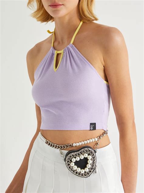 Emmiol Free shipping 2025 Sweet Halter Cutout Crop Cami Top Lilac M in