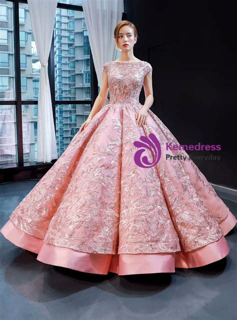 Pink Ball Gown Satin Embroidery Appliques Sequins Cap Sleeve Backless