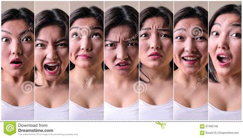 Photo about Asian woman pulling a series of different facial ...