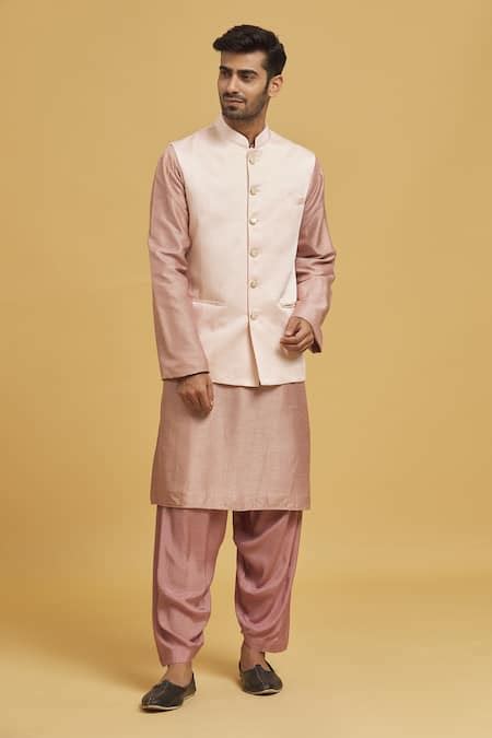 Buy Peach Cotton Satin Solid Nehru Jacket For Men by Seirra Thakur ...