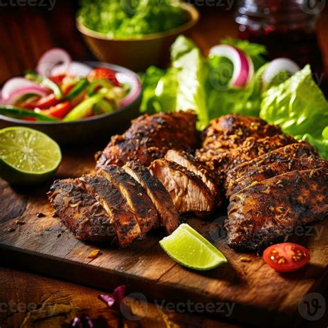 Slices of home-made jerk chicken fillets marinated in jerk seasoning