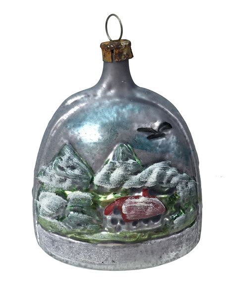 Vintage Patina German Winter Bell Ornament with Mountain Village Scene