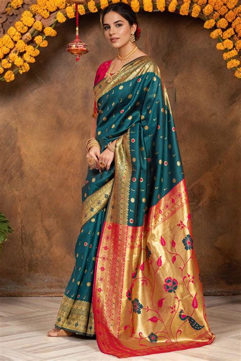 teal silk blend saree  traditional paithani zari weaving  peacock