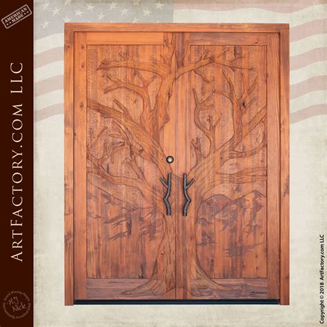 Custom Carved Double Doors: Fine Art Oak Tree Hand Wood Carving