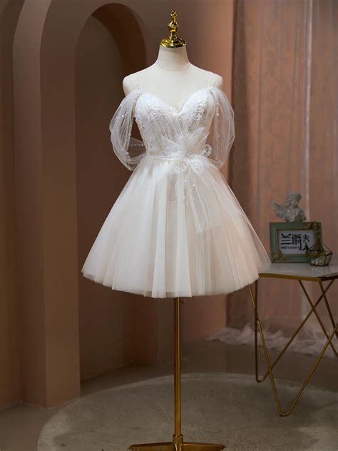 Bridal White Lace Short Tulle Wedding Dress on Luulla