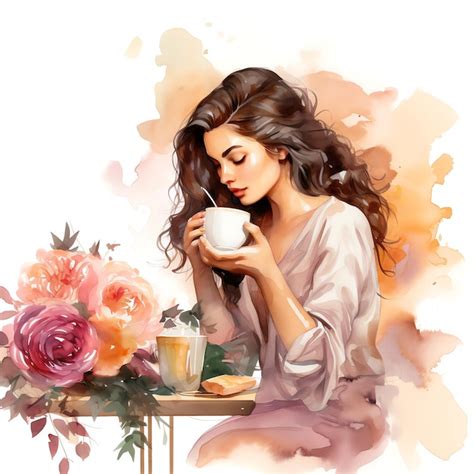 premium ai image beautiful girl drinking coffee watercolor clipart