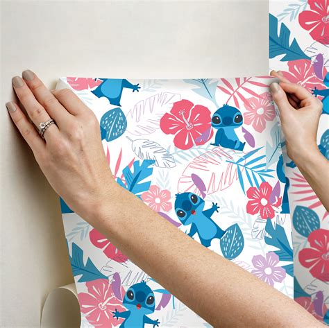 Disney Stitch Tropical Flowers Pink Peel and Stick Wallpaper