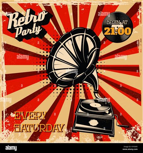 Retro party vintage poster template. Vintage style gramophone on grunge ...