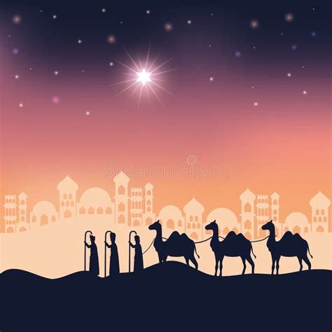 Magos Reyes En La Escena Del Paisaje Nocturno Del Desierto Ilustración