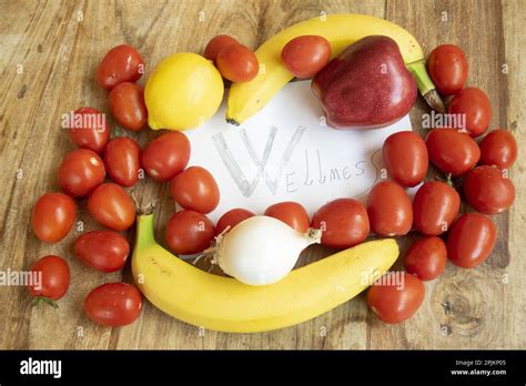 concept of wellness at home with fruit vegetable and sport Stock Photo ...