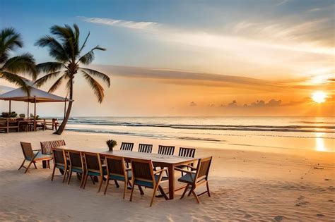 Premium Photo | A table on the beach at sunset