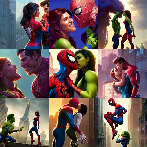 spider - man kissing she - hulk, unreal engine 5, | Stable Diffusion