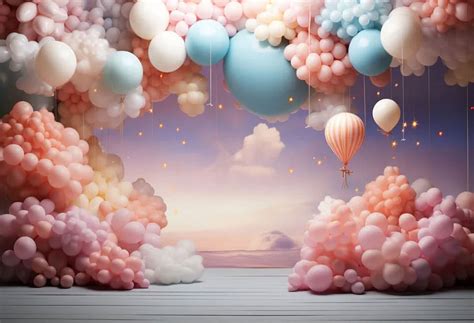 balloon clouds kids st birthday party cake smash portrait  backdrop