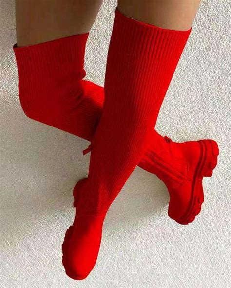 Women Thigh High Boots Stretch Boots Knit Leather Platform Thigh High
