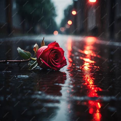 Premium Photo | Red Roses on Road During Rainy Days with Flower Petals