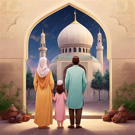 Premium Vector | Eid Mubarak greeting Family and many people looking at ...