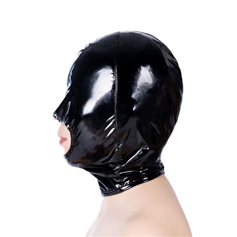 Wet Look Bondage Hood Head Harness Mask Open Mouth Zip-up Headgear