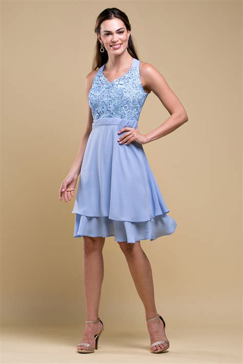 Vestido Azul Curto Para Festa - Vestido de Festa Curto em Chiffon e Renda Guipure Azul Serenity ...