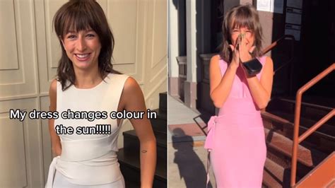 Woman’s dress instantly changes from white to pink as she steps out in ...