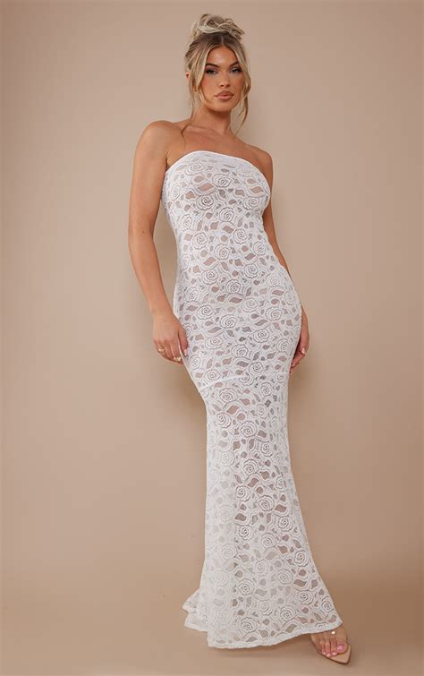 white sheer lace bandeau maxi dress dresses prettylittlething qa