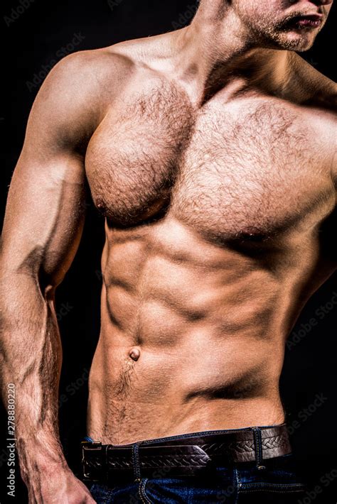 Athletic caucasian, ab, six pack, chest muscles, triceps. Strong mans ...