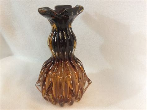 vintage hand blown amber art glass vase  etsy
