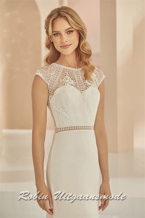 Straight wedding dress with lace bodice with high neckline