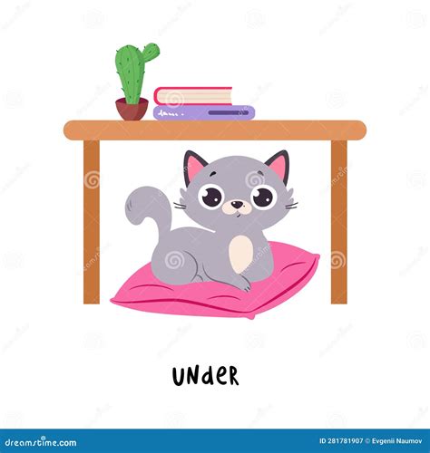Little Grey Cat Sitting Under Table on Pillow As English Language