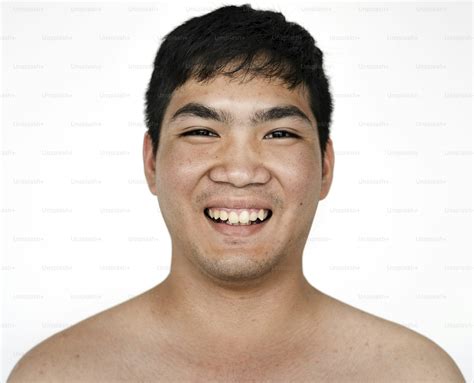 Man bare chest naked smiling studio portrait photo – White background