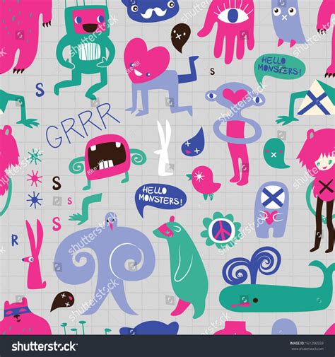Cute Monsters Freaks Seamless Background Set Stock Illustration