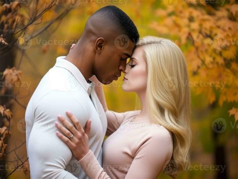 Loving interracial couple is enjoying a romantic autumn day AI