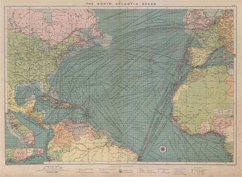 North Atlantic Ocean sea chart. Ports lighthouses mail routes. LARGE 1916 map