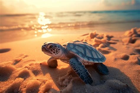 Baby sea turtle on a beach in sunset Generative AI | Premium AI ...