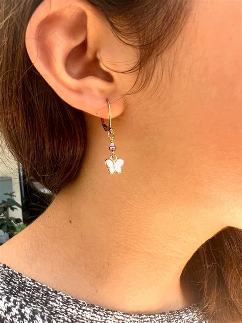 pink butterfly earrings gold lever  dangle earrings  girls etsy