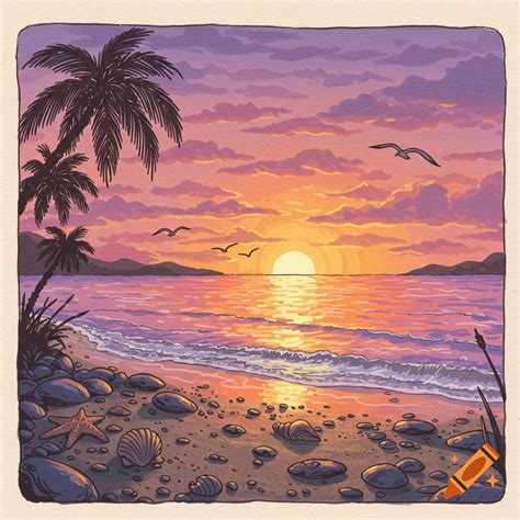 vibrant hand drawn illustration   tropical beach  sunset