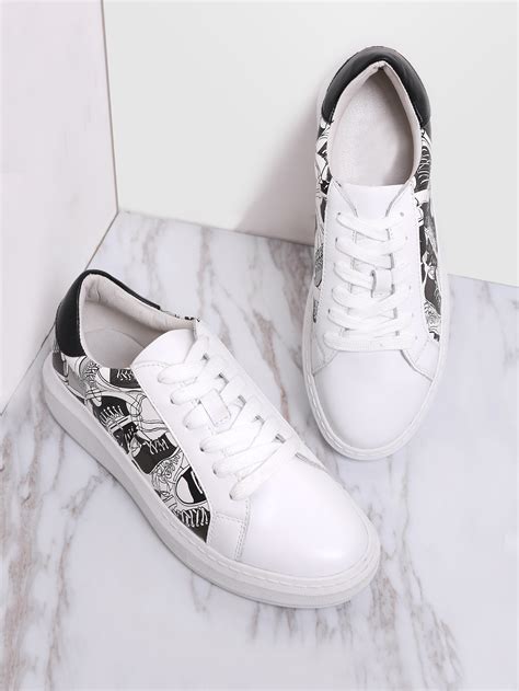 White Printed Lace Up Leather Sneakers -SheIn(Sheinside)