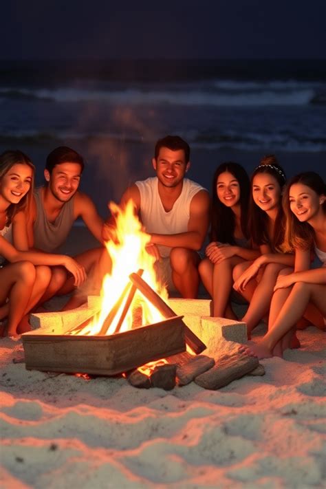 friends gather   cozy campfire   beach  night