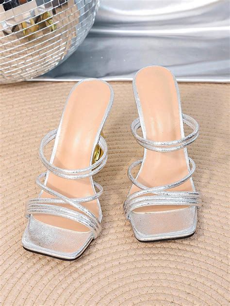 Silver One-Strap High Heel Roman Sandals With 8-Shape Chunky Heel And