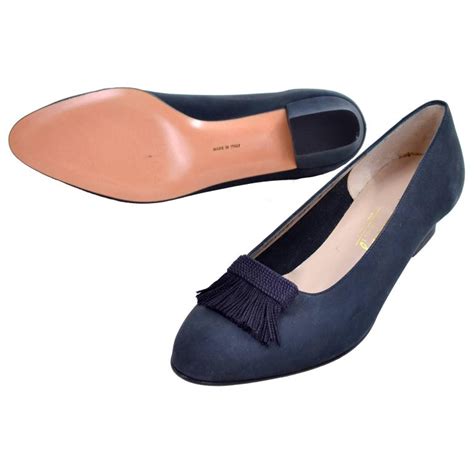 New Vintage Ferragamo Shoes in Navy Blue Suede with Fringed Tassels ...