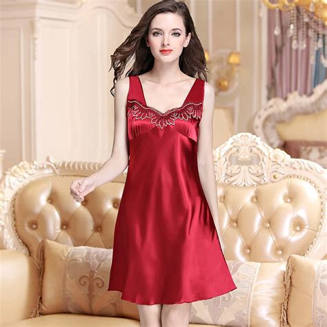 Women's Silk Nightgown Chest Embroidery Medium Length Lace Nightdress ...